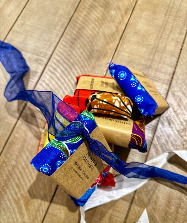 Gift soap wrapped in Kashi Africa fabric.